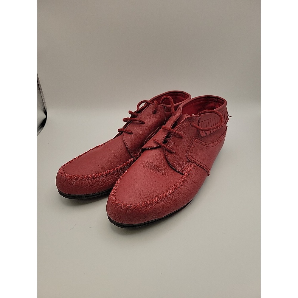 Hunter Run Red Leather Fringe Ankle Boots Moc Toe Lace Up Womens 8.5W